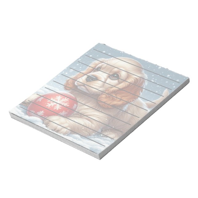 Bloco De Notas Cocker Spaniel Puppy Descansa na Neve com uma bola (Invertido)