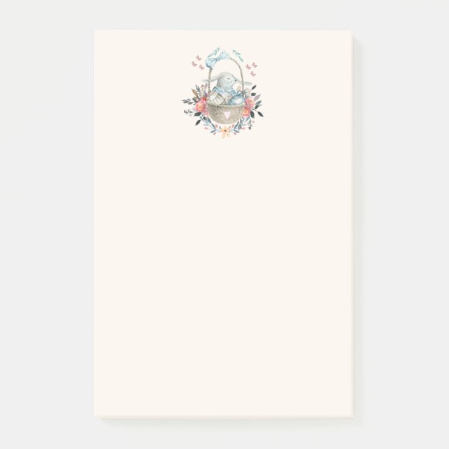Bloco De Notas Coelhinho bonito em uma cesta com ovos e flores Bo (Frente)