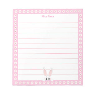 Bloco De Notas Coelho Branco Fofo & Flores Brancas em Linhas