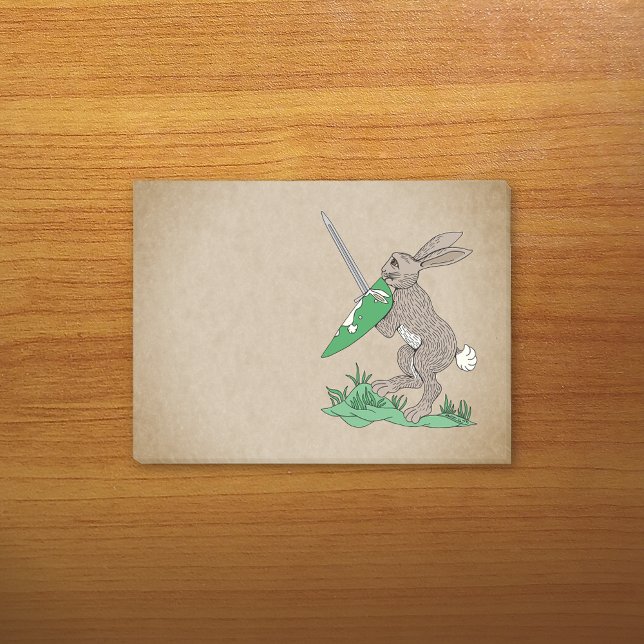 Bloco De Notas Coelho Guerreiro Medieval (Medieval Warrior Rabbit Post-it Notes Pad on Desk)