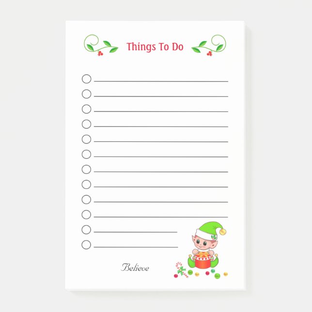 Bloco De Notas Coisas Fofas de Elfo de Natal para Fazer em Post-i (Frente)