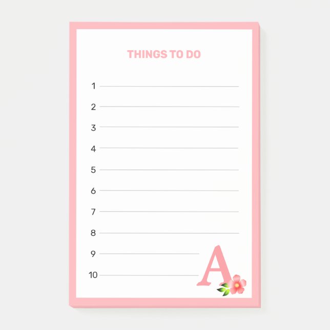 Bloco De Notas Coisas Para Fazer com Monograma Rosa e Flor (Frente)