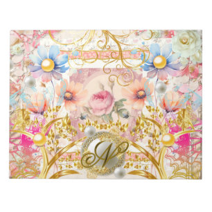 Bloco De Notas Colagem Floral Rosa Fada Ouro Monogramado