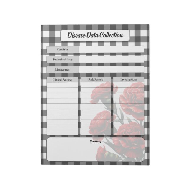 Bloco De Notas Coleta de dados da doença Preta n White Floral (Invertido)