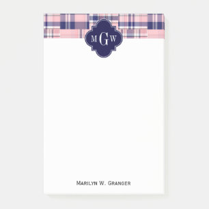 Bloco De Notas Colheita azul-rosa, Marinho - Patches Madras Monog