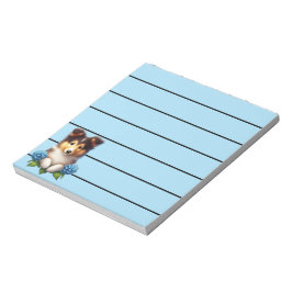 Bloco De Notas Collie Puppy Adorável com Flores Azuis