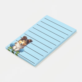 Bloco De Notas Collie Puppy Adorável com Flores Azuis