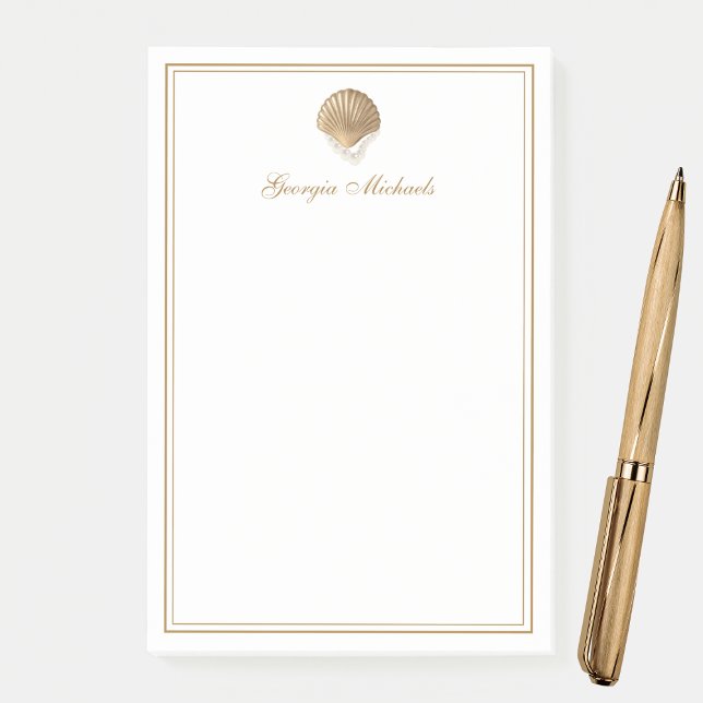 Bloco De Notas Concha de Ouro Elegante e Pérolas Nome Personaliza (Criador carregado)