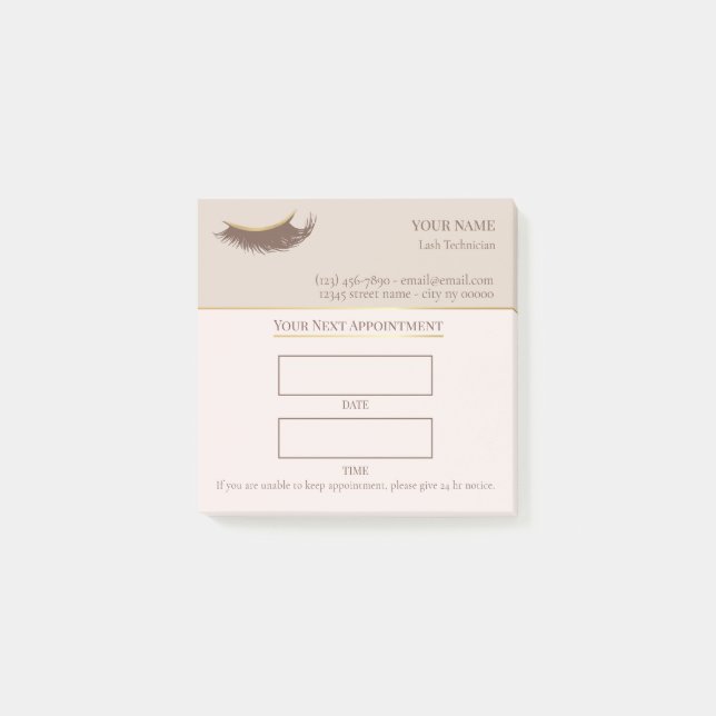Bloco De Notas Consulta de cílios bege e dourado elegante (Frente)