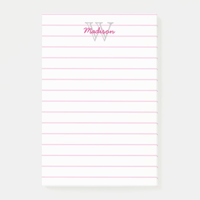 Bloco De Notas Cor-de-rosa Monogrammed alinhado & branco (Frente)