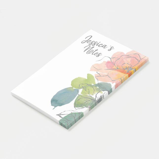 Bloco De Notas Coral e Floral de Aquarela Rosa (Inclinado)