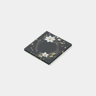 Bloco De Notas Coroa Floral Preta Branca e Dourada Elegante Casam