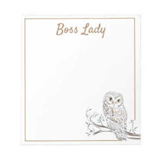 Bloco De Notas Coruja em Branch White Boss Lady ou seu texto