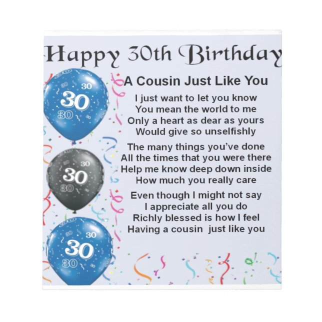 Bloco De Notas Cousin Poem aniversário de 30 anos (Frente)