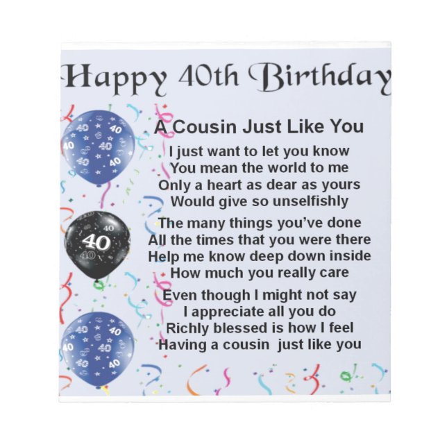 Bloco De Notas Cousin Poem aniversário de 40 anos (Frente)
