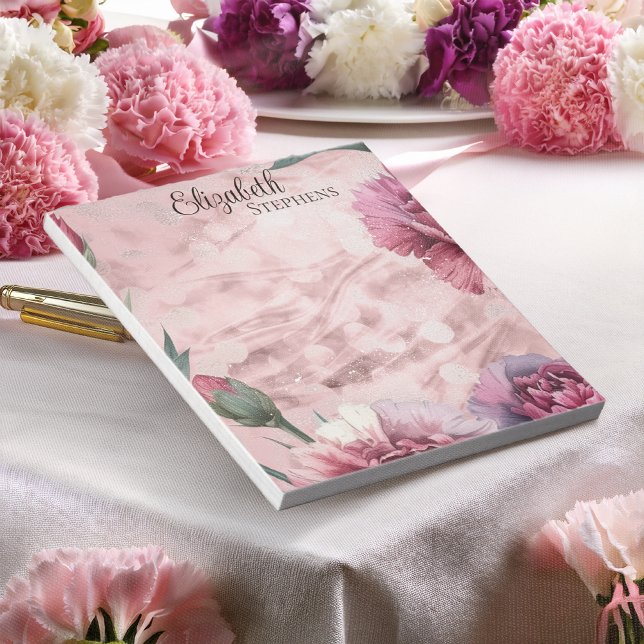 Bloco De Notas Cravos Rosa Elegantes Boho Floral - Nome (Personalized Carnation Floral Watercolor Notepad | Elegant Pink Mauve Burgundy Name Stationery)