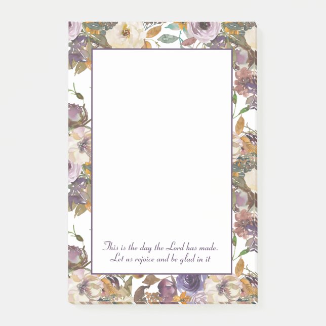 Bloco De Notas Creme Roxo Floral Versículo Bíblico Cristão (Frente)