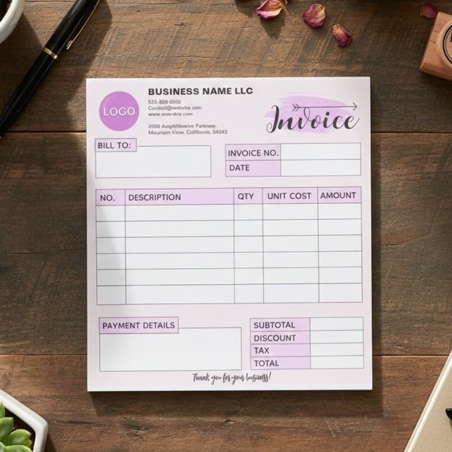 Bloco De Notas Custom invoice Form with Logo, Pink Small Business (aesthetic invoice template pink, girly business supplies, custom logo receipt tracker)