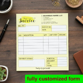 Bloco De Notas Custom Invoice Receipt, Yellow Small Business Name