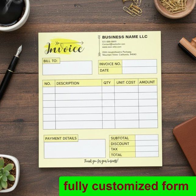 Bloco De Notas Custom Invoice Receipt, Yellow Small Business Name (professional sales book, custom business forms, yellow invoice pad)