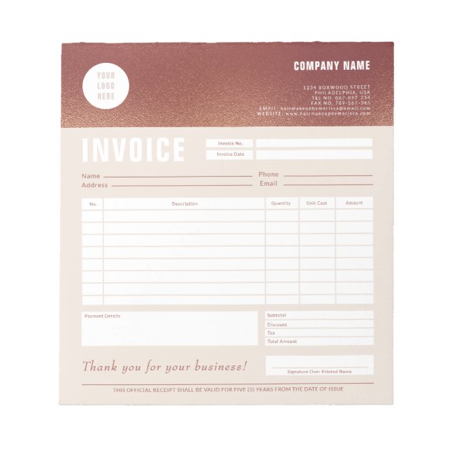 Bloco De Notas Custom Logo Rose Gold Foil Invoice Form (Frente)
