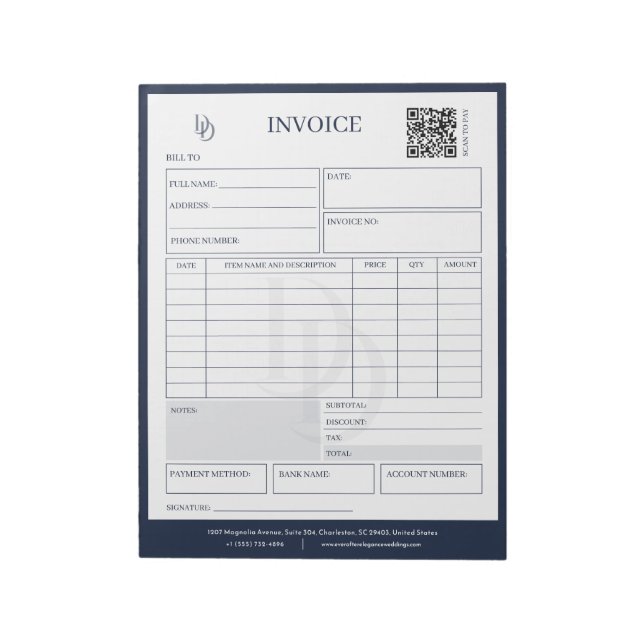 Bloco De Notas Custom Modern Navy Wedding Planner Invoice Billing (Invertido)