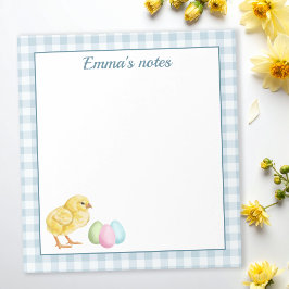 Bloco De Notas Cute Chick And Pastel Eggs On Blue Gingham Easter