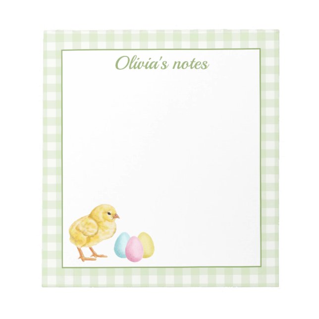 Bloco De Notas Cute Chick And Pastel Eggs On Green Gingham Easter (Frente)