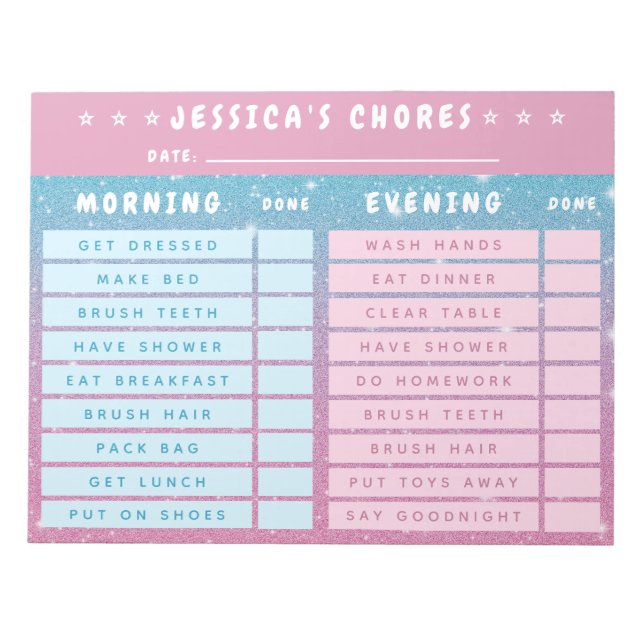 Bloco De Notas Cute Girly Pink Blue Glitter Kids Daily Chores (Frente)