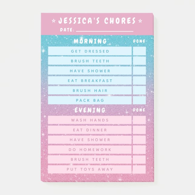 Bloco De Notas Cute Girly Pink Blue Glitter Kids Daily Chores 4x6 (Frente)