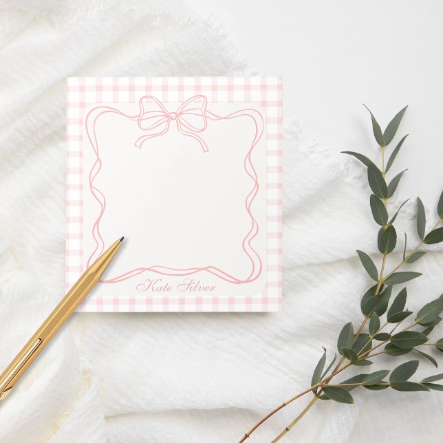 Bloco De Notas Cute Pink Coquette Bow Gingham Personalized Name (Criador carregado)