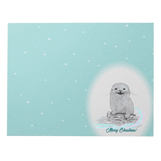 Bloco De Notas Cute White Baby Sea Otter , Merry Christmas (Frente)