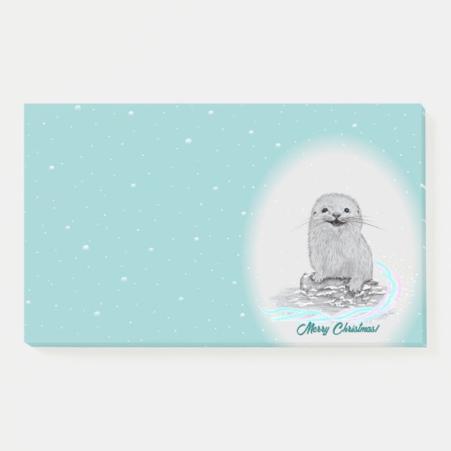 Bloco De Notas Cute White Baby Sea Otter , Merry Christmas (Frente)