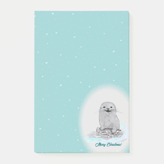 Bloco De Notas Cute White Baby Sea Otter , Merry Christmas (Frente)