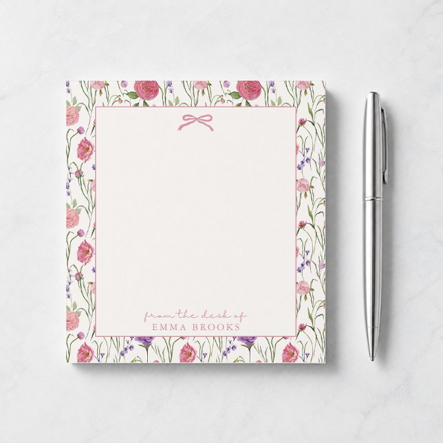 Bloco De Notas Da mesa de, Laço rosa, fundo floral (Criador carregado)