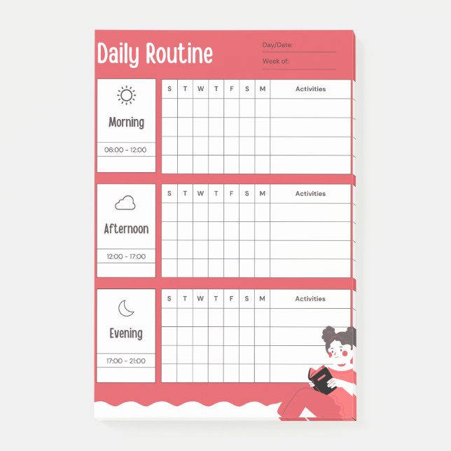 Bloco De Notas Daily Routine Chart Morning Afternoon Evening (Frente)