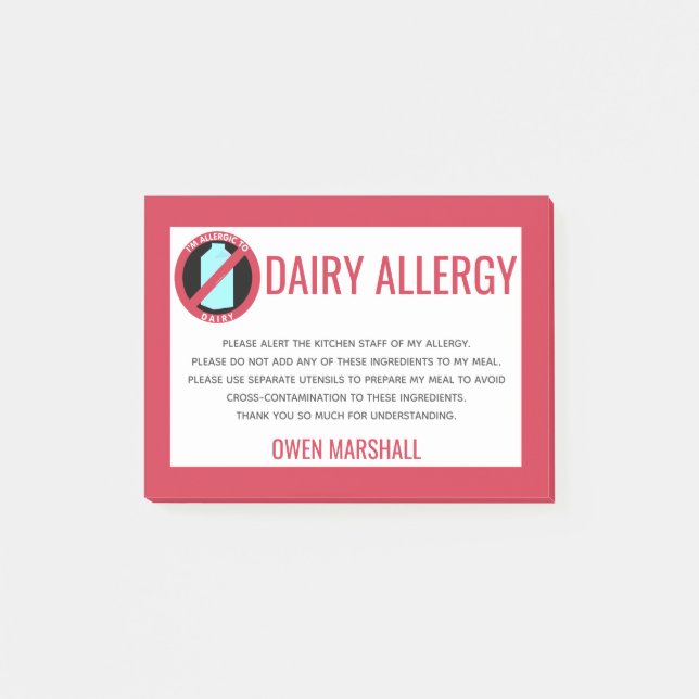 Bloco De Notas Dairy Allergant Alert Restaurant Chef Custom (Frente)