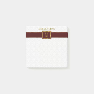 Bloco De Notas Damasco Branco Monograma, Stripe Marrom