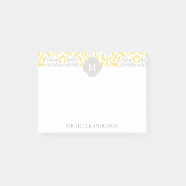 Bloco De Notas Damasco floral cinzento amarelo Monogrammed (Frente)