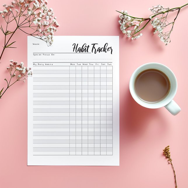 Bloco de notas de controle de hábitos semanal (Minimalist weekly planner pad with modern script and sections for daily tasks, goals, and gratitude.)
