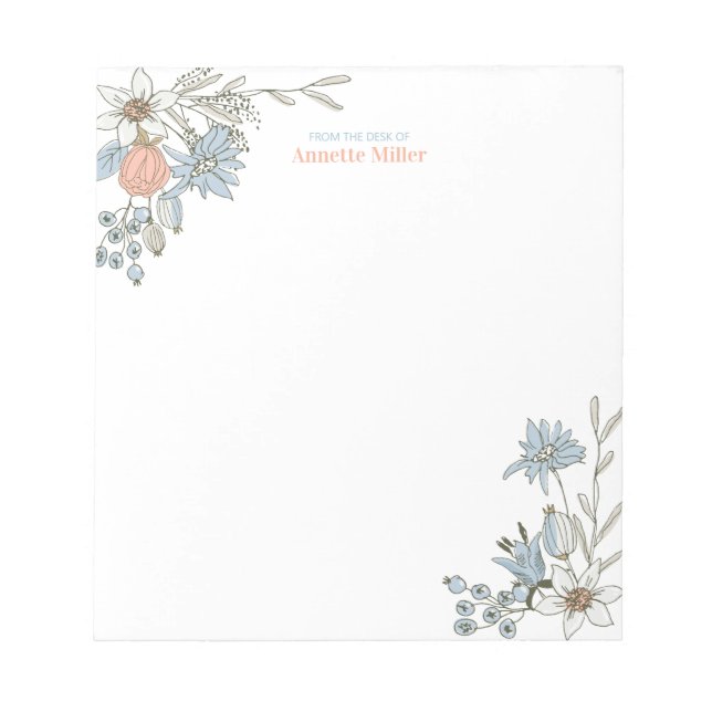 Bloco de notas de papel pessoal azul Boho Floral (Frente)