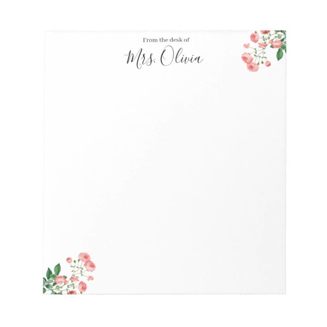 Bloco de Notas de Professora Floral Rosa Fofo (Frente)
