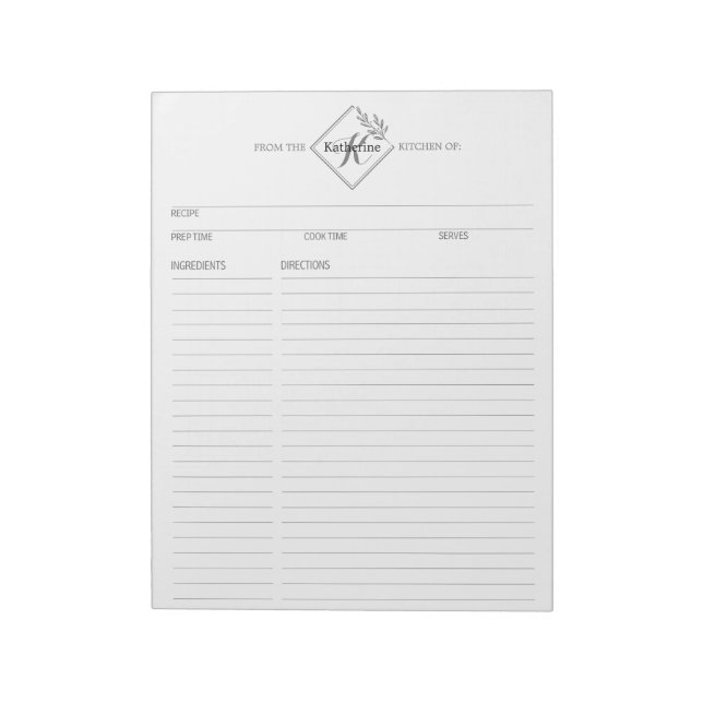 Bloco de Notas de Receitas com Monograma Limpo e S (Invertido)