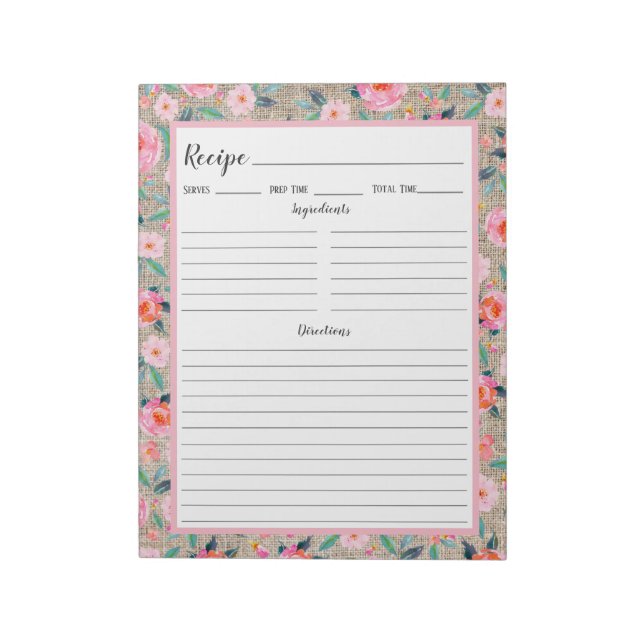 Bloco de Notas de Receitas Floral Rosa Rústico em  (Invertido)