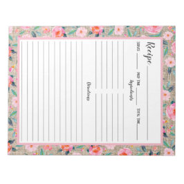 Bloco de Notas de Receitas Floral Rosa Rústico em 