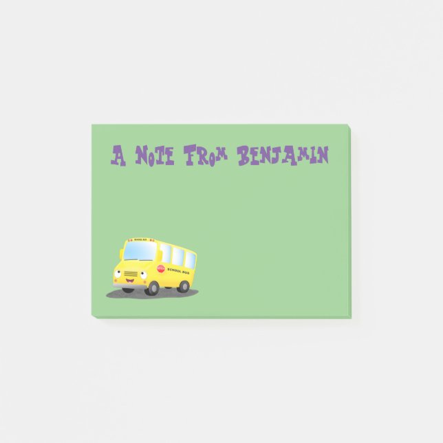 Bloco De Notas Desenho animado de ônibus escolar amarelo feliz e  (Frente)