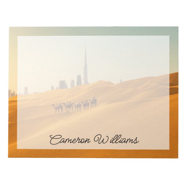 Bloco De Notas Desertos | Vista Skyline do Dubai com Camelos (Frente)