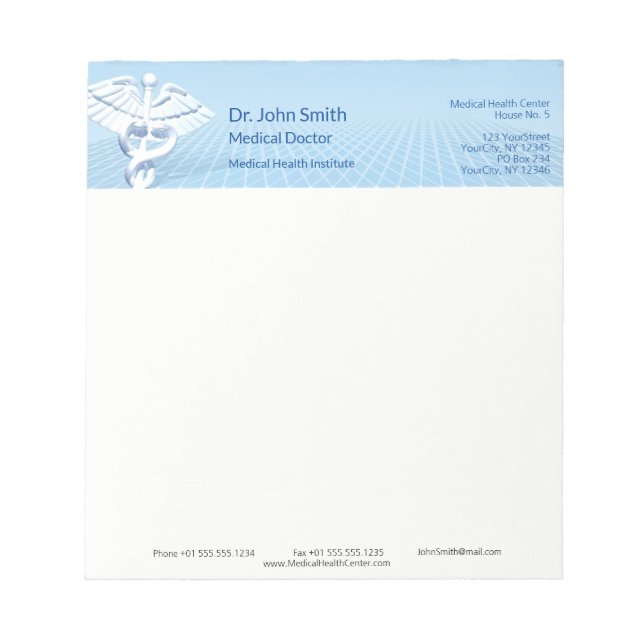 Bloco De Notas Design Azul Caduceu 3D Branco Médico (Frente)