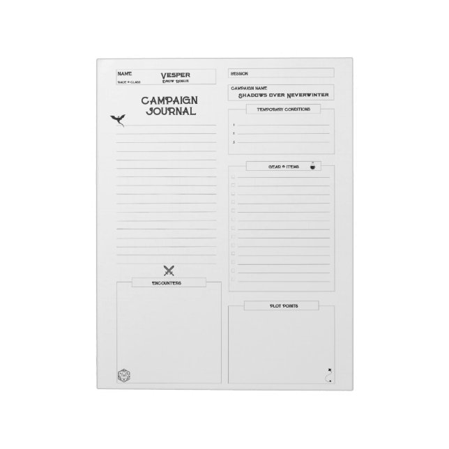 Bloco De Notas Diário da campanha D&D totalmente personalizável (Invertido)
