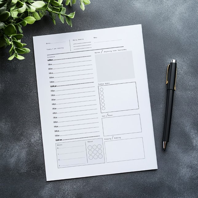 Bloco de notas diário do planejador (Daily planner, hour by hour view, space for your notes, to do lists, meal planner, water tracker.)